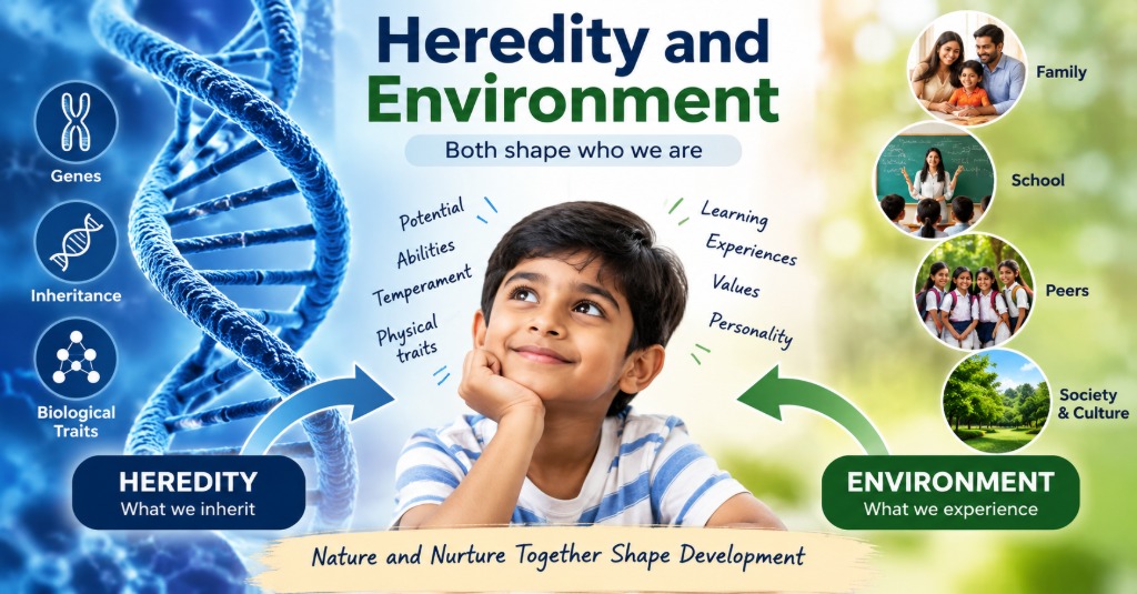 Educational illustration showing heredity represented by DNA and environment represented by family, nature, education, and community, with a child at the center.