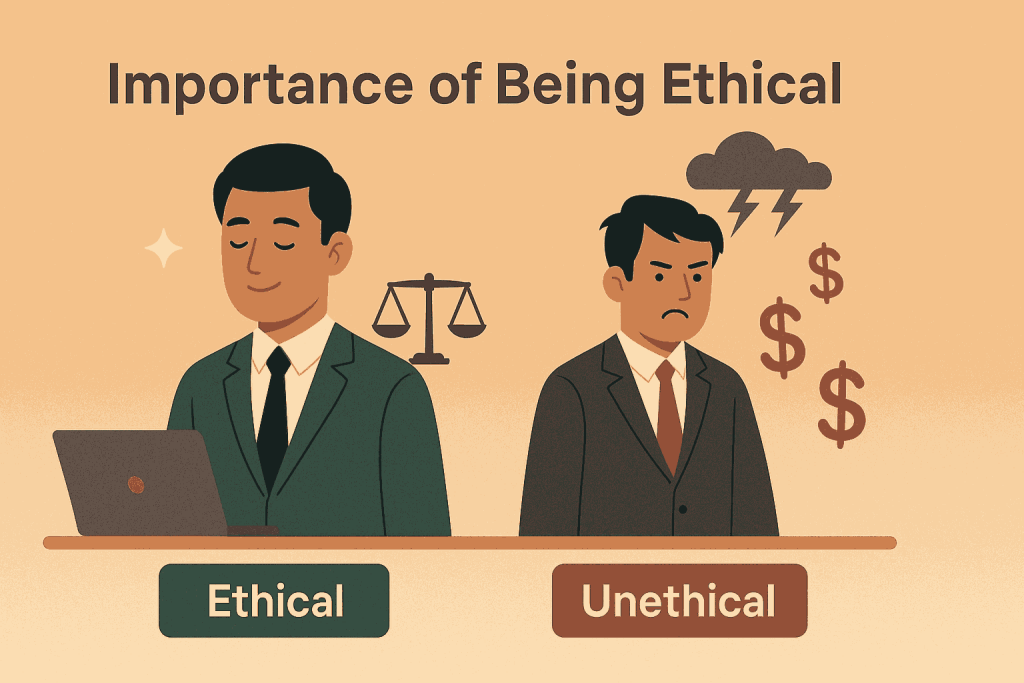 Comparison between ethical and unethical professionals in duty, Educational graphic showing importance of ethics at work