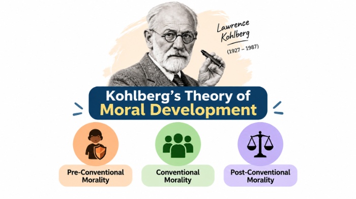 Minimal educational infographic featuring Lawrence Kohlberg and three categories of moral development: pre-conventional, conventional, and post-conventional morality.