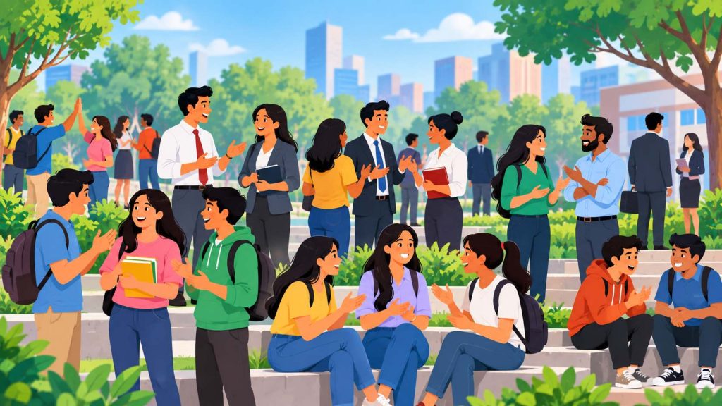 Colorful illustration of students and adults interacting and developing social skills through communication and community activities.
