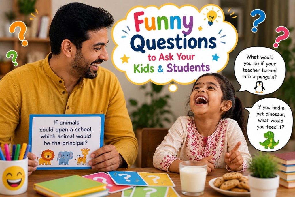 Indian father asking funny questions to his daughter during family learning time, Parent and child laughing while answering funny questions at home., Funny questions activity for kids and students to build creativity and communication skills.