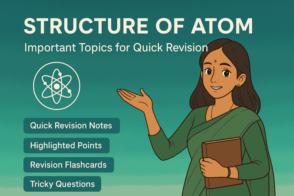 Structure of Atom quick revision notes image with Ghibli-style Indian teacher illustration, Chemistry Structure of Atom chapter image showing female teacher and revision buttons