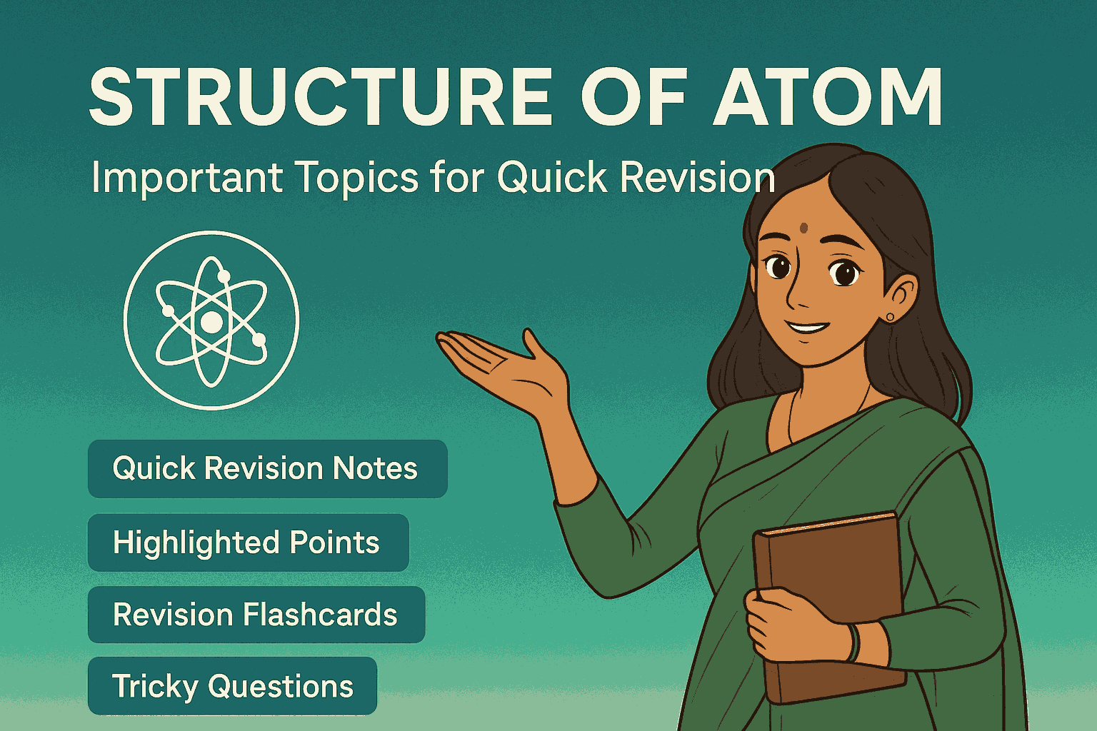 Structure of Atom - Quick Revision Notes educational image with Ghibli-style Indian teacher illustration