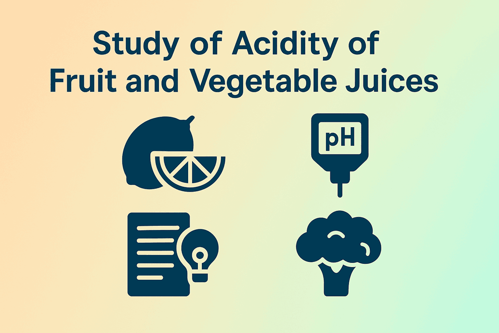 Study of Acidity of Fruit and Vegetable Juices banner with icons in 16:9 layout