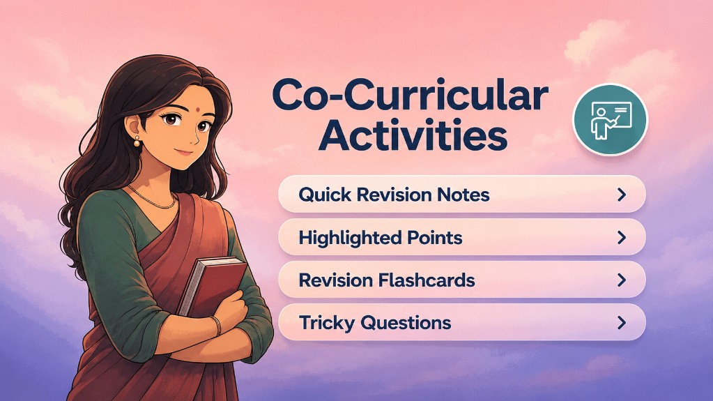 Educational banner on co-curricular activities with revision notes options and Indian teacher illustration