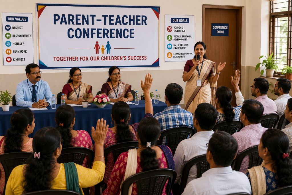 Parent teacher conference with teachers and parents discussing student progress in a school meeting
