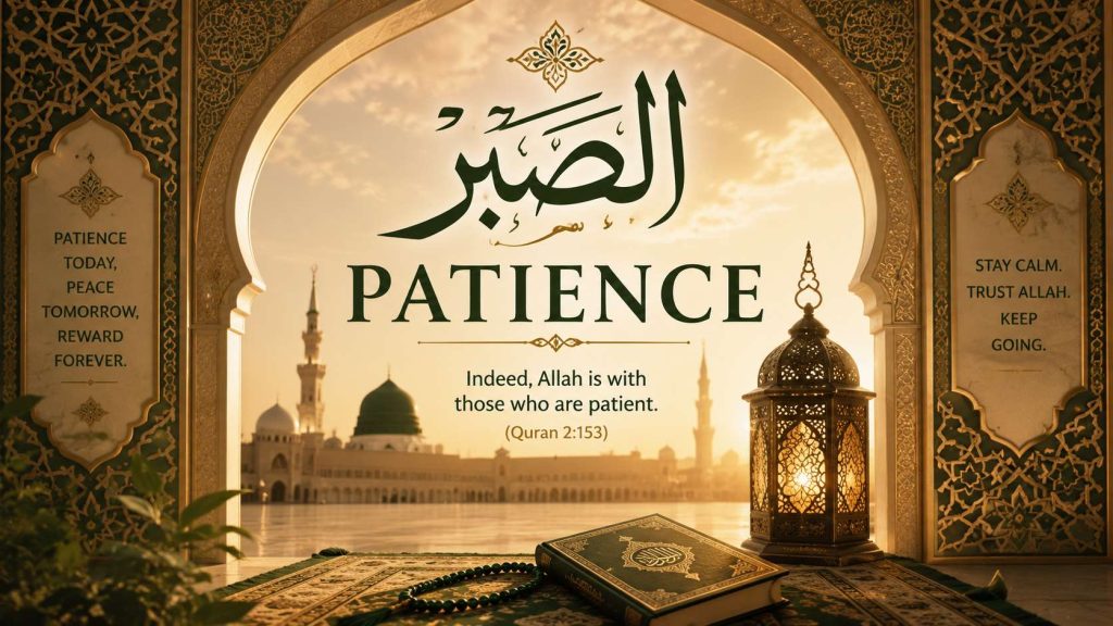 Islamic-themed artwork featuring a mosque, Quran, lantern, and Arabic calligraphy symbolizing patience (As-Sabr) and trust in Allah
