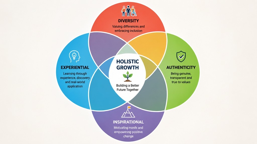 Venn diagram illustrating the core principles of an effective teaching philosophy, including diversity, authenticity, experiential learning, and inspiration leading to holistic student growth.