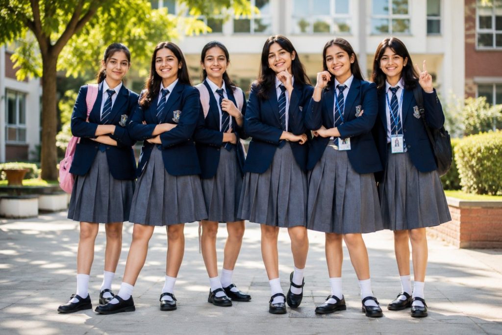 Six students wearing modern school uniforms standing confidently in a bright school courtyard, representing the advantages and disadvantages of school uniforms.