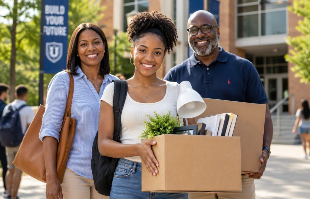 College student with parents carrying moving boxes on a U.S. university campus, highlighting the essential documents every college student needs.