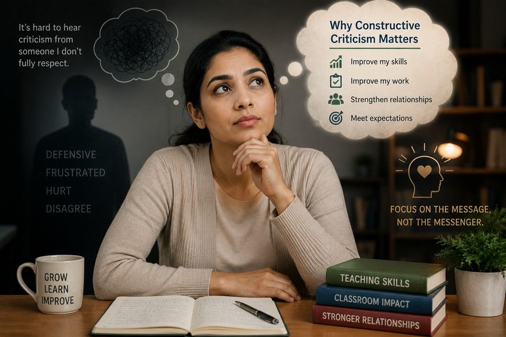 Thoughtful female teacher reflecting on constructive criticism and focusing on professional growth, emotional intelligence, and improving teaching skills.