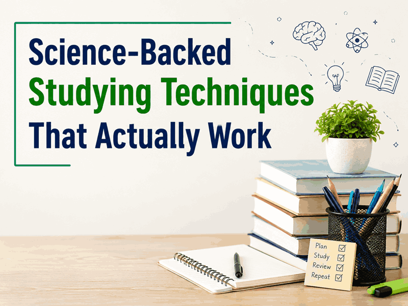 Simple illustration of science-backed studying techniques with books, notebook, and study desk showing evidence-based methods to improve learning, memory, and exam performance.