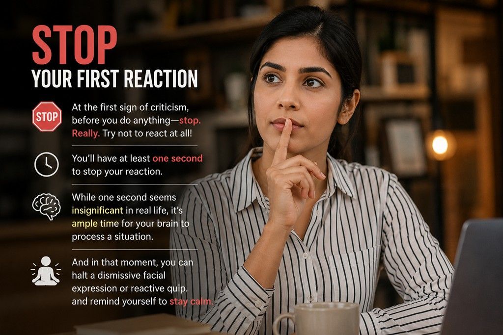 Female teacher pauses to think before responding to constructive criticism, demonstrating emotional control, self-awareness, and professional growth.