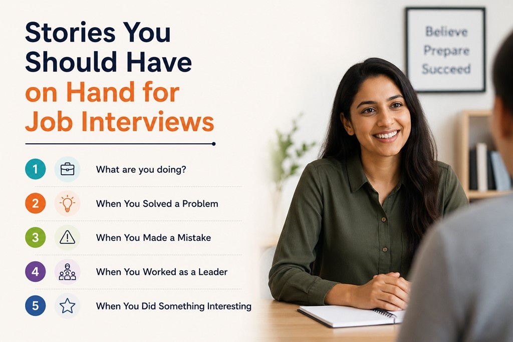 Female job candidate attending an interview with key interview story topics including problem-solving, leadership, mistakes, and achievements.