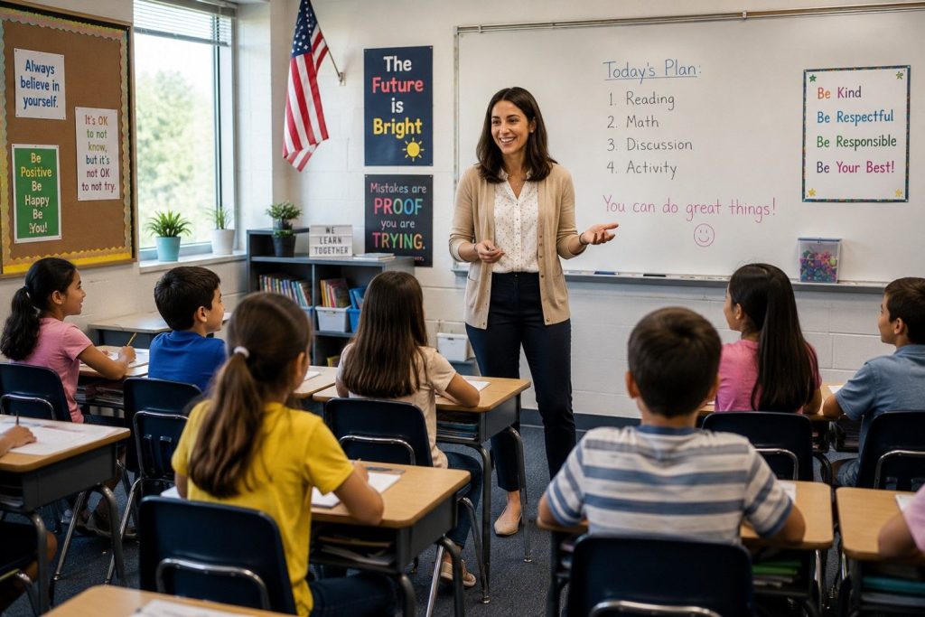 Happy teacher confidently teaching students in a classroom while demonstrating a positive attitude toward constructive criticism and professional growth.
