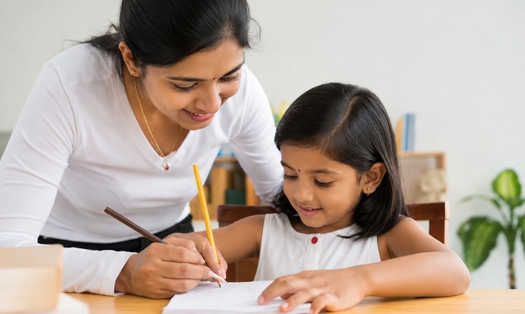 Indian teacher helping a young student practice handwriting in an elementary classroom using step-by-step writing instruction.
