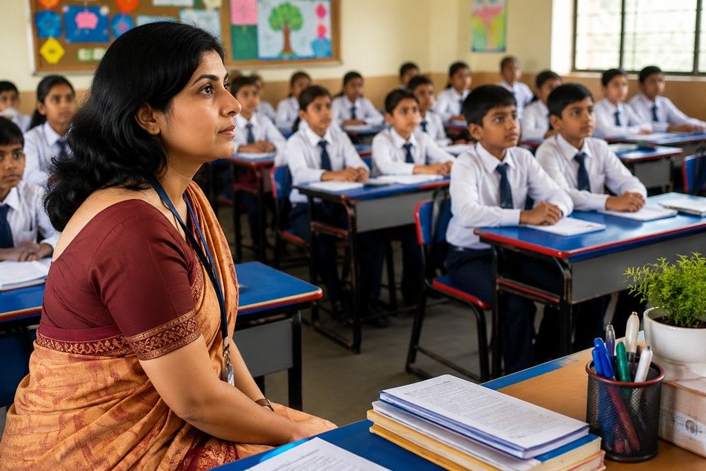 Female teacher receiving classroom observation feedback while students attend a lesson in a modern school classroom.