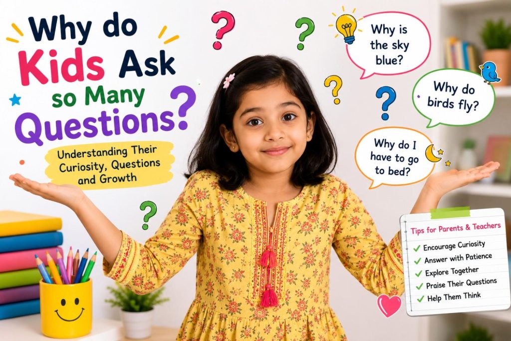 Young Indian girl wondering why kids ask so many questions with colorful educational question marks and speech bubbles.