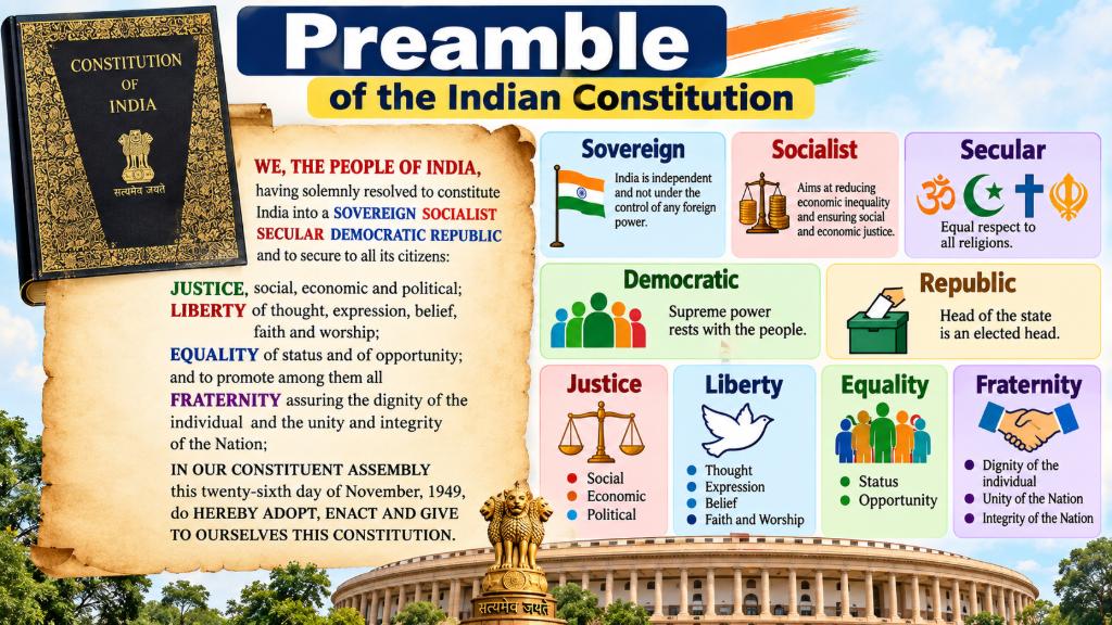 Preamble of the Indian Constitution showing Sovereign, Socialist, Secular, Democratic Republic, Justice, Liberty, Equality and Fraternity